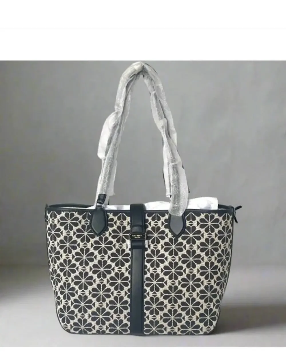 Kate Spade Black Flower Jacquard Tote Medium Leather Trim Shoulder Bag